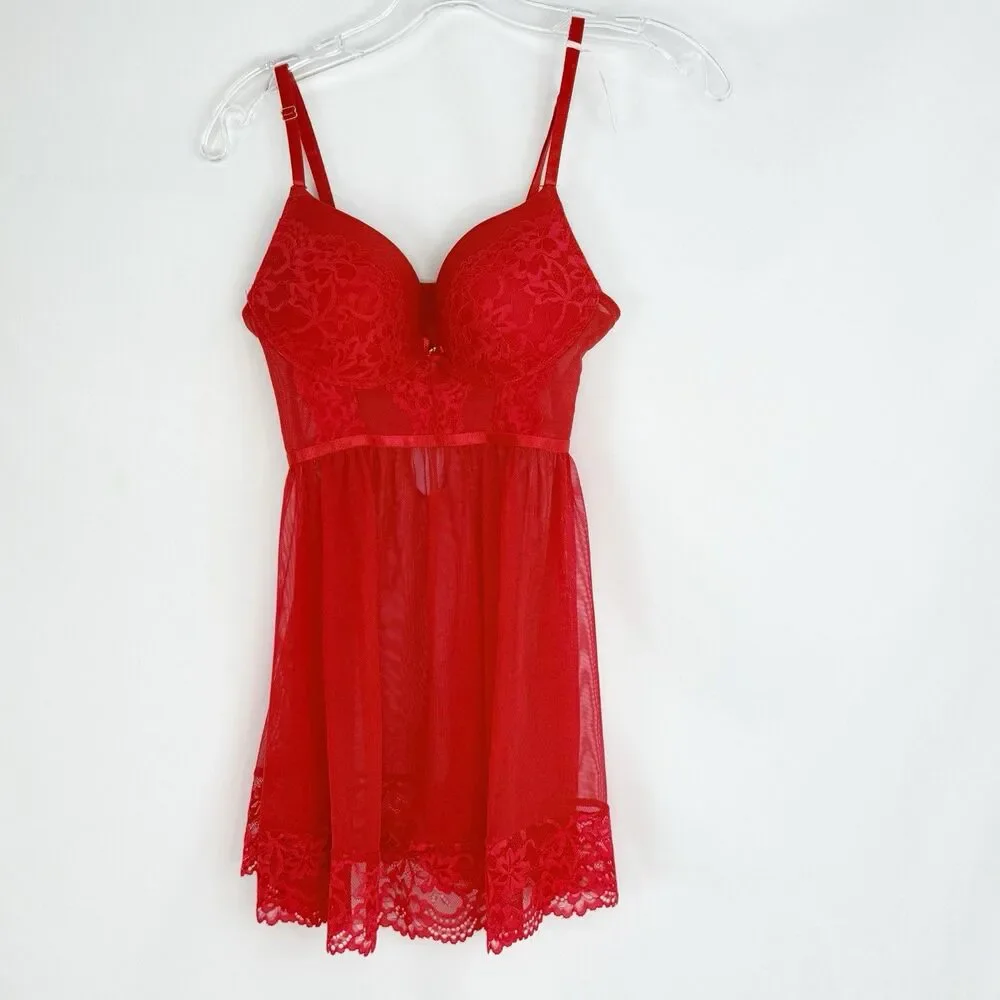 Daisy Fuentes Babydoll Red Chiffon Lace Size M Lingerie Festival Slip Dress Sexy